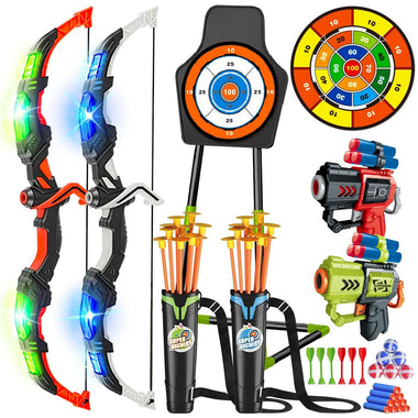 2X Bow & Arrow Toy Set for Kids | LED Light-Up Archery with Suction Cup Stand & Dart Board – Indoor & Outdoor Game - playtechtoy