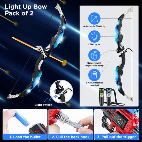 2X Bow & Arrow Toy Set for Kids – LED Archery, Suction Cup Stand