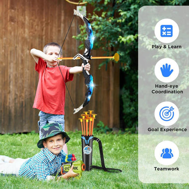 2X Bow & Arrow Toy Set for Kids | LED Light-Up Archery with Suction Cup Stand & Dart Board – Indoor & Outdoor Game - playtechtoy