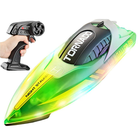 High-Speed RC Speedboat – LED Lights, Rechargeable, Waterproof, 2-Hour Run Time